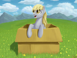 Size: 1200x900 | Tagged: safe, artist:ivg89, derpy hooves, pegasus, pony, box, cute, female, field, leaning, mare, messy mane, open mouth, pony in a box, smiling, solo