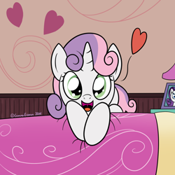 Size: 1000x1000 | Tagged: safe, artist:gammaespeon, rarity, sweetie belle, pony, unicorn, bed, cute, diasweetes, heart, photo, solo, sweetie belle's bedroom