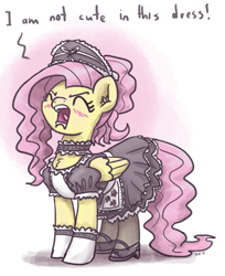 Size: 815x1000 | Tagged: safe, artist:king-kakapo, fluttershy, pegasus, pony, blatant lies, blushing, chest fluff, choker, chokershy, clothes, cute, denial, denial's not just a river in egypt, dialogue, ear fluff, eyes closed, female, fluffy, fluttermaid, fluttertsun, i'm not cute, madorable, maid, mare, mary janes, open mouth, out of character, shyabetes, solo, tantrum, telling lies, tsundere, yelling