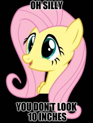 Size: 480x640 | Tagged: safe, fluttershy, pegasus, pony, black background, blue eyes, bust, female, image macro, mare, meme, open mouth, painfully innocent fluttershy, pink mane, semi-vulgar, simple background, smiling, solo, text, wings, yellow coat