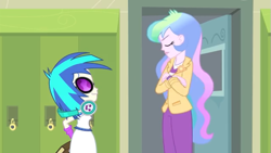 Size: 637x358 | Tagged: safe, screencap, dj pon-3, princess celestia, principal celestia, vinyl scratch, equestria girls, music to my ears, rainbow rocks, celestia is not amused, cutie mark accessory, eyes closed, nervous grin, unamused