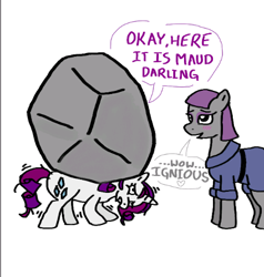 Size: 456x480 | Tagged: safe, artist:bronyponyguy, maud pie, rarity, tom, pony, unicorn, maud pie (episode), blushing, cargo ship, rockcon, shipping, struggling, tomaud