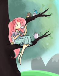 Size: 1071x1372 | Tagged: safe, artist:twitchykismet, angel bunny, fluttershy, blue jay, chipmunk, human, adventure time, animal, barefoot, cake, choker, cleavage, clothes, crossover, dress, drink, feet, female, humanized, light skin, music notes, sitting, sitting in a tree, style emulation, tea, teacup, teapot, tree