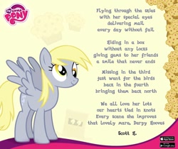 Size: 940x788 | Tagged: safe, derpy hooves, pegasus, pony, box, facebook, female, gameloft, logo, mare, muffin, my little pony logo, official, poem, pony in a box, smiling, solo, spread wings, text