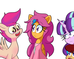 Size: 1000x800 | Tagged: safe, artist:dorumon4x, artist:jake heritagu, scootaloo, starlight glimmer, oc, oc:lightning blitz, pegasus, pony, comic:ask motherly scootaloo, baby, baby pony, colt, hairpin, male, motherly scootaloo, offspring, older, older scootaloo, parent:rain catcher, parent:scootaloo, parents:catcherloo, preguntascootaloo, self paradox, simple background, sweatshirt, white background