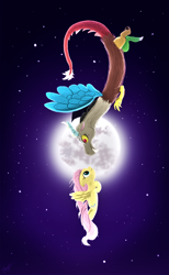 Size: 600x971 | Tagged: safe, artist:charzymon, discord, fluttershy, pegasus, pony, backlighting, discoshy, flying, moon, night, shipping