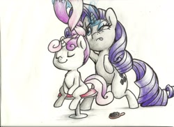 Size: 2339x1700 | Tagged: safe, artist:mon311, rarity, sweetie belle, pony, unicorn, braiding, hair styling, magic, sisters, traditional art