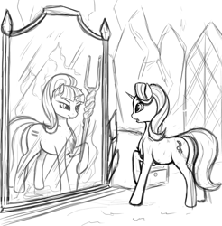 Size: 1280x1299 | Tagged: safe, artist:lightly-san, starlight glimmer, pony, unicorn, the cutie map, chest fluff, duality, ear fluff, equal cutie mark, female, grayscale, inner demons, looking at each other, mare, mirror, monochrome, open mouth, raised hoof, reflection, s5 starlight, self ponidox, sketch, solo, staff, staff of sameness