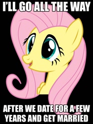 Size: 750x1000 | Tagged: safe, fluttershy, pegasus, pony, black background, blue eyes, bust, female, image macro, innuendo, mare, meme, open mouth, painfully innocent fluttershy, pink mane, simple background, smiling, solo, text, wings, yellow coat