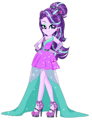 Size: 458x604 | Tagged: safe, artist:gihhbloonde, starlight glimmer, equestria girls, mirror magic, spoiler:eqg specials, alternate hairstyle, clothes, dress, eyeshadow, female, gala dress, hand on hip, high heels, looking at you, makeup, shoes, simple background, solo, transparent background