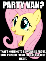 Size: 750x1000 | Tagged: safe, fluttershy, pegasus, pony, black background, blue eyes, bust, dialogue, female, image macro, innuendo, mare, meme, open mouth, painfully innocent fluttershy, party van, pink mane, simple background, smiling, solo, text, wings, yellow coat