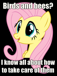 Size: 750x1000 | Tagged: safe, fluttershy, pegasus, pony, black background, blue eyes, bust, female, image macro, innuendo, mare, meme, open mouth, painfully innocent fluttershy, pink mane, simple background, smiling, solo, text, wings, yellow coat