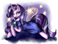 Size: 2063x1558 | Tagged: safe, artist:not-ordinary-pony, starlight glimmer, pony, unicorn, abstract background, cape, clothes, female, looking at you, mare, prone, smiling, solo