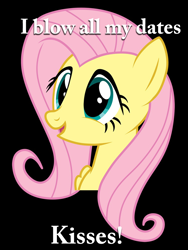 Size: 750x1000 | Tagged: safe, fluttershy, pegasus, pony, black background, blue eyes, bust, female, image macro, innocent innuendo, mare, meme, open mouth, painfully innocent fluttershy, paraprosdokian, pink mane, simple background, smiling, solo, text, wings, yellow coat