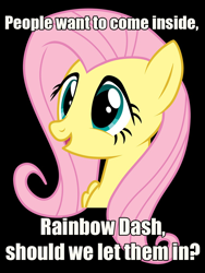 Size: 750x1000 | Tagged: safe, fluttershy, pegasus, pony, black background, blue eyes, bust, exploitable meme, female, image macro, innocent innuendo, innuendo, iwtcird, mare, meme, open mouth, painfully innocent fluttershy, paraprosdokian, pink mane, punctuation, simple background, smiling, solo, text, wings, yellow coat