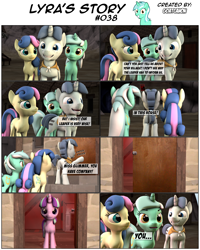 Size: 3928x4916 | Tagged: safe, artist:goatcanon, bon bon, lyra heartstrings, party favor, starlight glimmer, sweetie drops, pony, unicorn, comic:lyra's story, 3d, comic, dialogue, equal town, our town, source filmmaker, starlight's village