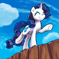 Size: 1600x1600 | Tagged: safe, artist:kp-shadowsquirrel, rarity, pony, unicorn, balancing, cute, eyes closed, female, fence, happy, mare, raised hoof, raised leg, raribetes, smiling, solo, underhoof