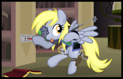 Size: 5991x3854 | Tagged: dead source, safe, artist:jittery-the-dragon, derpy hooves, cyborg, pegasus, pony, canterlot, canterlot castle, derpigun, female, gun, hacking, mare, pistol, shadowrun, this will end in pain, this will not end well