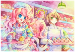 Size: 1148x804 | Tagged: safe, artist:emperpep, donut joe, pinkie pie, human, apron, blushing, clothes, cupcake, donut, horned humanization, humanized, joe, light skin, mary janes, rainbow, socks, tailed humanization