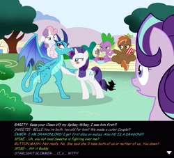 Size: 3150x2857 | Tagged: safe, artist:succubi samus, button mash, dragon lord ember, princess ember, rarity, spike, starlight glimmer, sweetie belle, dragon, pony, unicorn, bench, brofist, burned, catfight, commission, cute, dialogue, dialogue box, emberbetes, emberspike, female, filming, food, implied polyamory, male, meta, popcorn, shipping, shipping war, show accurate, sitting, soap opera, sparity, spike gets all the mares, spikebelle, straight, sweetiemash, text, video camera, visual novel, waifu fight, wat, what the heck?, wtf