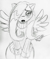 Size: 816x978 | Tagged: safe, artist:cskairi, fluttershy, anthro, monochrome, solo, traditional art