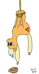 Size: 796x1500 | Tagged: safe, artist:saine grey, applejack, earth pony, pony, hogtied, rope, simple background, solo, suspended, transparent background, upside down