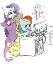 Size: 600x800 | Tagged: safe, derpibooru import, applejack, fluttershy, pinkie pie, rainbow dash, rarity, twilight sparkle, earth pony, pegasus, pony, unicorn, bipedal, computer, eyes closed, mane six