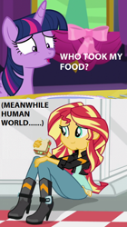 Size: 472x845 | Tagged: safe, sunset shimmer, twilight sparkle, twilight sparkle (alicorn), alicorn, equestria girls, no second prances, boots, clothes, food, high heel boots, jacket, sandwich, screencap comic, statue