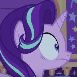 Size: 382x384 | Tagged: safe, screencap, starlight glimmer, pony, unicorn, to where and back again, bust, cropped, female, frightened, mare, portrait, profile, shrunken pupils, solo, wide eyes