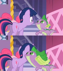 Size: 1434x1608 | Tagged: safe, derpibooru import, edit, edited screencap, screencap, pinkie pie, spike, twilight sparkle, dragon, earth pony, pony, are you frustrated?, spike has a crush on rarity, wat