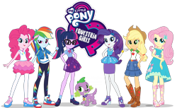 Size: 1888x1152 | Tagged: safe, derpibooru import, edit, applejack, fluttershy, pinkie pie, rainbow dash, rarity, sci-twi, spike, spike the regular dog, twilight sparkle, dog, better together, equestria girls, boots, clothes, converse, cowboy hat, denim skirt, dress, equestria girls logo, feet, female, geode of fauna, geode of shielding, geode of sugar bombs, geode of super speed, geode of super strength, geode of telekinesis, glasses, hat, high heel boots, high heels, humane five, humane six, logo, logo edit, magical geodes, mane six, my little pony logo, official art, pantyhose, ponytail, sandals, shoes, simple background, skirt, sneakers, socks, stetson, transparent background, vector