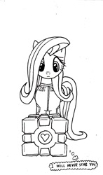 Size: 884x1500 | Tagged: safe, artist:ricedawg, fluttershy, pegasus, pony, black and white, companion cube, crossover, grayscale, monochrome, solo, thought bubble