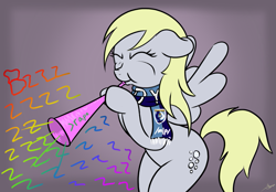 Size: 1135x792 | Tagged: safe, artist:rainbow-dosh, derpy hooves, pegasus, pony, 4chan cup, 4chan cup scarf, clothes, female, floppy ears, hips, mare, musical instrument, scarf, solo, vuvuzela