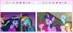 Size: 435x199 | Tagged: safe, derpibooru import, screencap, applejack, fluttershy, pinkie pie, rainbow dash, twilight sparkle, twilight sparkle (alicorn), alicorn, equestria girls, equestria girls (movie), the saddle row review, clothes, cropped, derpibooru, juxtaposition, meta