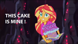 Size: 960x544 | Tagged: safe, edit, edited screencap, screencap, sunset shimmer, equestria girls, legend of everfree, cake, cave, clothes, dessert, food, shorts, solo