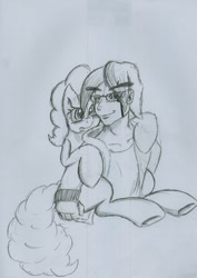 Size: 1552x2197 | Tagged: safe, artist:digitaldomain123, pinkie pie, oc, earth pony, human, pony, brony, female, mare, monochrome, piggyback ride, sketch, smiling, traditional art