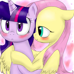 Size: 900x900 | Tagged: safe, artist:farfromserious, derpibooru import, fluttershy, twilight sparkle, pegasus, pony, blushing, female, lesbian, shipping, twishy