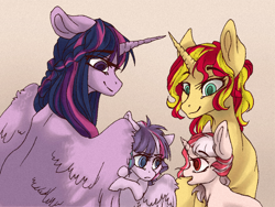 Size: 800x600 | Tagged: safe, artist:castaspellliana, sunset shimmer, twilight sparkle, twilight sparkle (alicorn), oc, oc:astra, oc:daybreak, alicorn, pony, unicorn, gradient background, offspring, parent:flash sentry, parent:sunset shimmer, parent:twilight sparkle, parents:flashlight, smiling