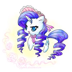 Size: 710x710 | Tagged: safe, artist:j2y8n2x, rarity, pony, unicorn, alternate hairstyle, bonnet, chibi, hat, solo