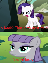 Size: 402x531 | Tagged: safe, maud pie, rarity, pony, unicorn, maud pie (episode), comic sans, meme