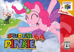 Size: 1000x695 | Tagged: safe, artist:nickyv917, pinkie pie, changeling, earth pony, pony, windigo, game cover, mario, nintendo, nintendo 64, parody, super mario 64, super mario bros.