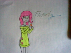 Size: 640x480 | Tagged: safe, artist:ilovehersheyssomuch, fluttershy, butterfly, human, humanized, light skin, lined paper, paper, solo, traditional art