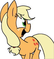 Size: 889x956 | Tagged: safe, artist:strangiesleepy, applejack, earth pony, pony, happy, looking back, open mouth, simple background, solo