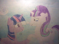 Size: 640x480 | Tagged: safe, artist:rubydeluxe, starlight glimmer, twilight sparkle, pony, unicorn, cloudsdale, holding hooves, show accurate, sky, traditional art