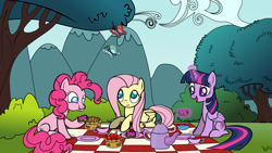 Size: 1600x905 | Tagged: safe, artist:evil-dec0y, derpibooru import, fluttershy, pinkie pie, twilight sparkle, twilight sparkle (alicorn), alicorn, butterfly, earth pony, pegasus, pony, eating, female, food, magic, mare, no pupils, picnic, picnic blanket, tea, teapot, telekinesis