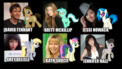 Size: 1000x563 | Tagged: safe, bon bon, derpy hooves, dj pon-3, doctor whooves, lyra heartstrings, octavia melody, sweetie drops, vinyl scratch, earth pony, pegasus, pony, unicorn, background six, britt mckillip, david tennant, female, grey delisle, jennifer hale, jessi nowack, kath soucie, male, mare, nowacking, stallion, voice actor