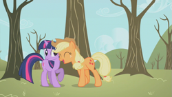 Size: 853x480 | Tagged: safe, screencap, applejack, twilight sparkle, earth pony, pony, secret of my excess, female, mare