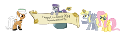 Size: 3550x975 | Tagged: safe, derpy hooves, fluttershy, maud pie, tom, oc, oc:beignet, boulder, convention, derpycon south, muffin, old banner, princess derpy, race swap