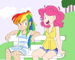 Size: 1000x800 | Tagged: safe, artist:looji, derpibooru import, pinkie pie, rainbow dash, human, bench, humanized