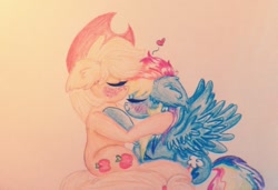 Size: 800x546 | Tagged: safe, artist:xxsharpixx, derpibooru import, applejack, rainbow dash, earth pony, pegasus, pony, appledash, female, kissing, lesbian, shipping, traditional art